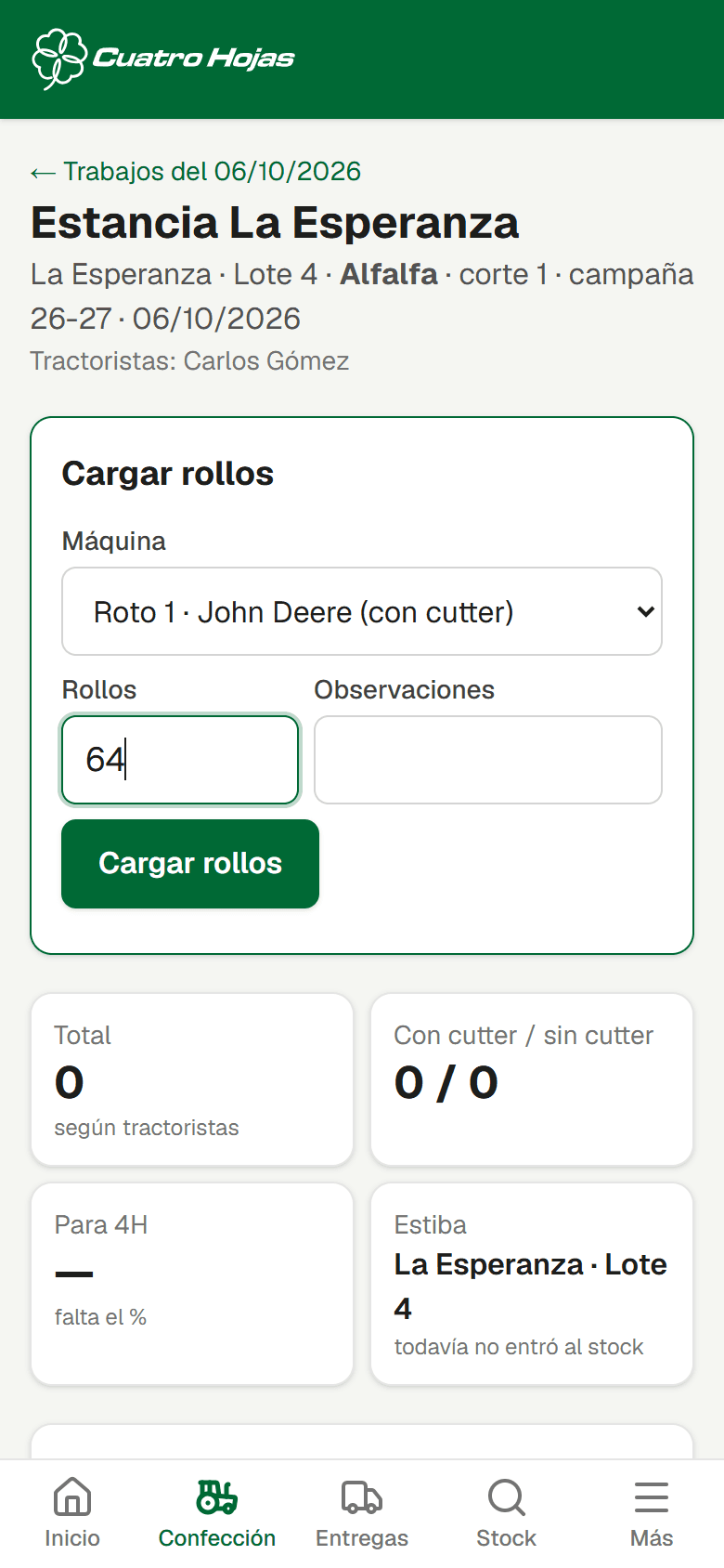 Cargar rollos por máquina