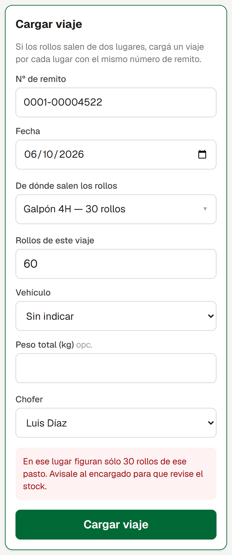 Aviso al chofer: no hay stock suficiente