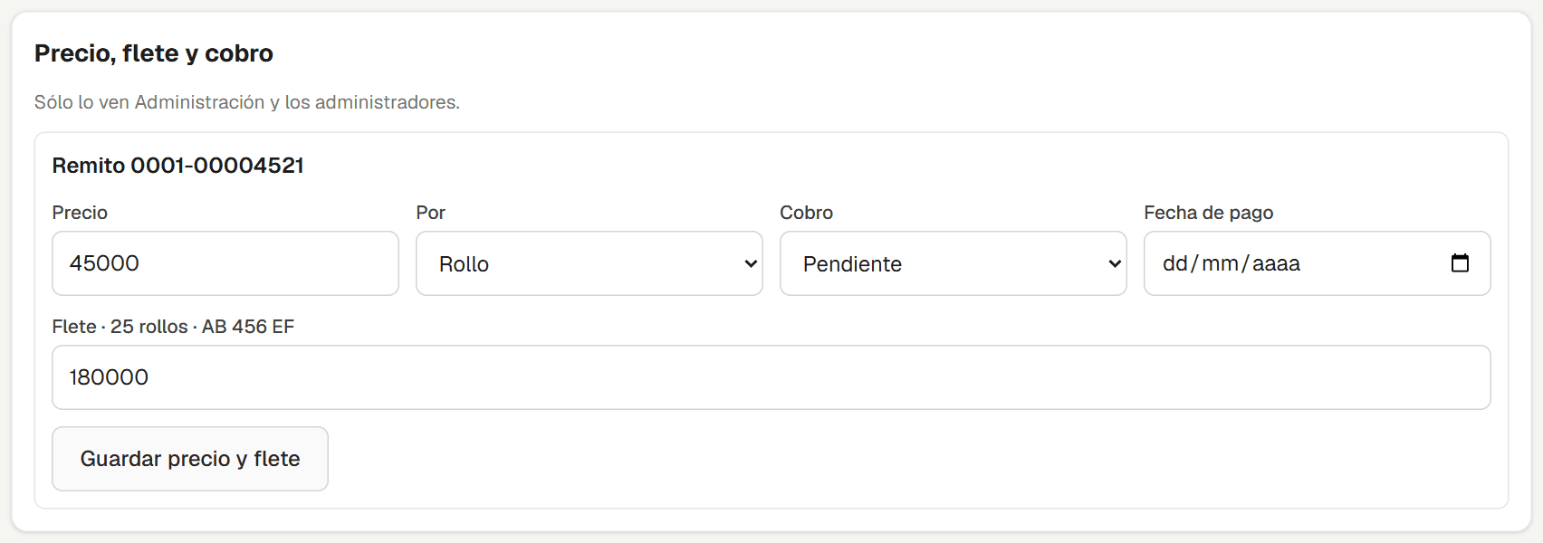 Precio, flete y cobro del remito