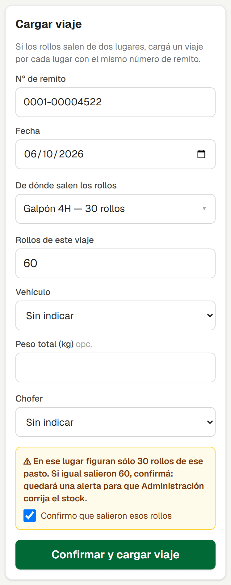 El encargado confirma la salida sin stock