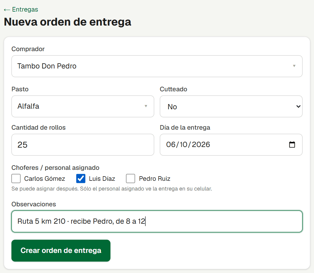 Formulario de nueva orden de entrega