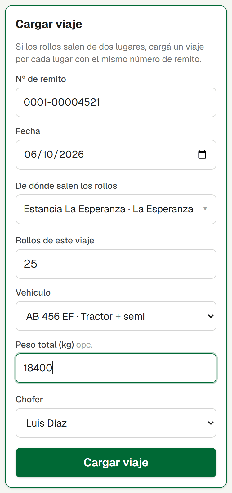 Cargar viaje con remito y origen