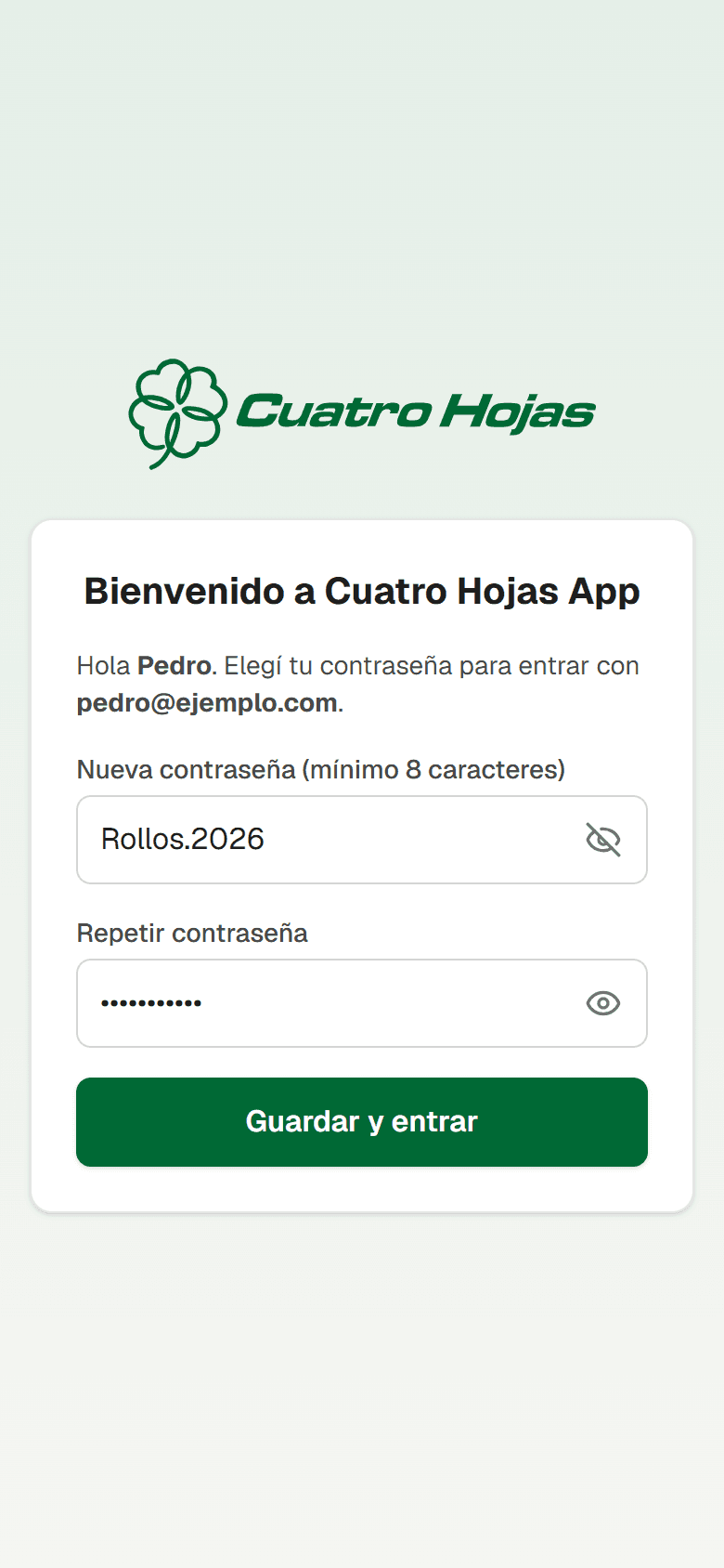 Pantalla para elegir la contraseña