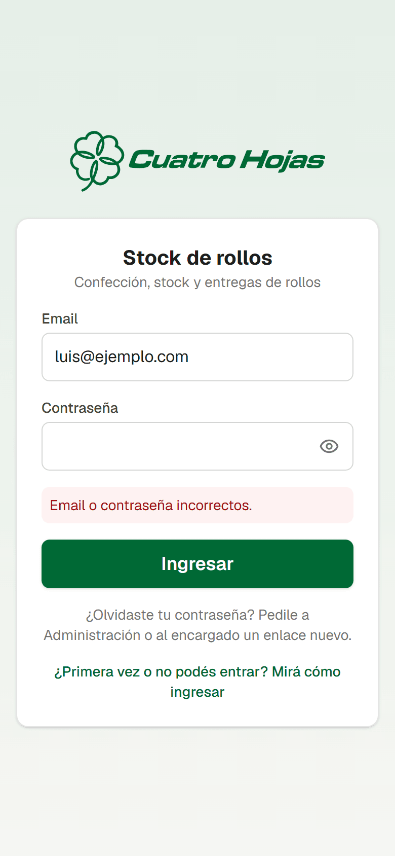 Mensaje de email o contraseña incorrectos