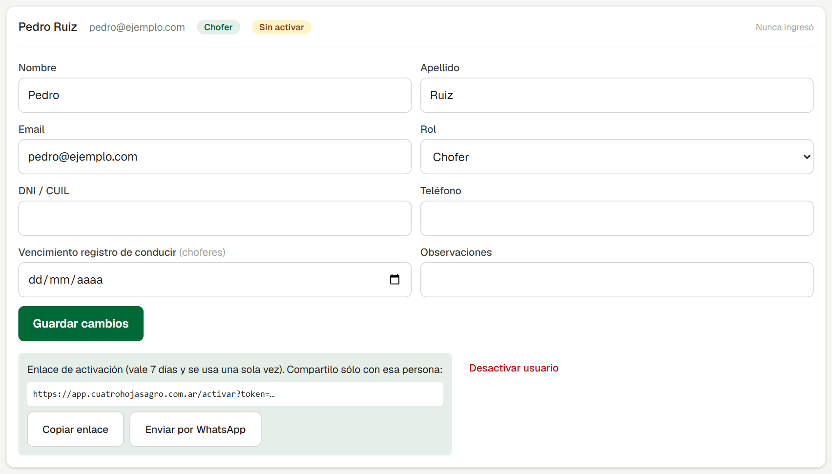 Botón para mandar el enlace por WhatsApp en Usuarios